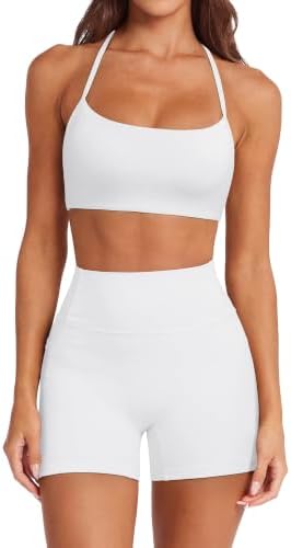 SUUKSESS Women 2 Piece Workout Sets Padded Halter Sports Bras High Waisted Biker Shorts with Pockets