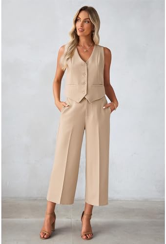 luvamia Vest Pant Suits for Women Dressy Wide Leg 2 Piece Sets Work Outfits