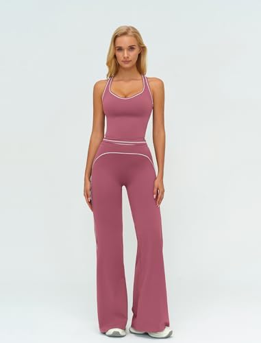 ABOCIW Two Piece Workout Sets for Women Racerback Tank Top Matching High Waist Wide Leg Yoga Pants Pilates Outfits