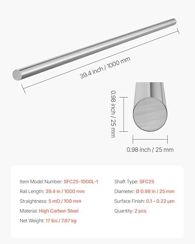 VEVOR 2PCS Linear Motion Rod, 25 mm x 1000 mm (0.98 x 39.4 in), SFC25 Carbon Steel Linear Rod Shaft, Anti Rust and High Precision, High Hardness Shaft, for Cutting Grinding Milling Drilling Machine