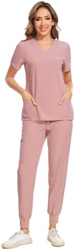 COZYFIT Scrubs for Women Set - Stretch V-Neck & Jogger Pant with 9 Pockets