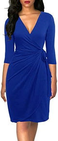 Berydress Women's 3/4 Sleeve V Neck Casual Party Work Faux Black Wrap Dress