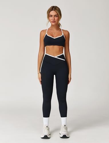 ABOCIW Workout Sets for Women 2 Piece Color Block Strappy Sports Bra High Waist Shorts Gym Yoga Pilates Outfits