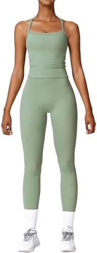 QBGJTD Womens Workout Sets Two Piece Cross Back Tank Top Matching High Waist Leggings Sets Gym Outfits Work Out Clothes