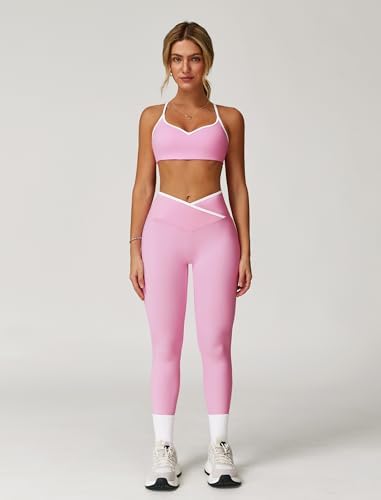 ABOCIW Workout Sets for Women 2 Piece Color Block Strappy Sports Bra High Waist Shorts Gym Yoga Pilates Outfits
