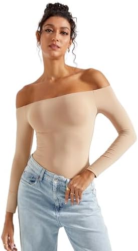 SUUKSESS Women Off Shoulder Long Sleeve Bodysuits Double Lined Basic Tops