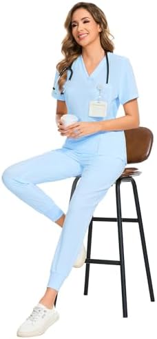 COZYFIT Scrubs for Women Set - Stretch V-Neck & Jogger Pant with 9 Pockets