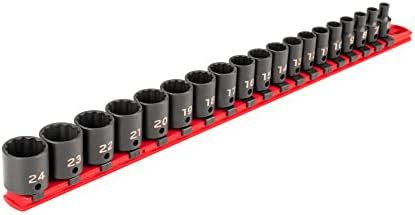 TEKTON 3/8 Inch Drive Impact Socket Set, 19-Piece | SID91114 | (6 - 24 mm), Shallow, 12-Point, Socket Rail