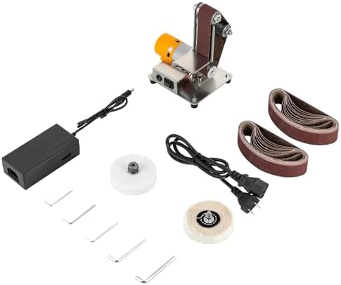 Mini Belt Sander, Electric Bench Grinder Sanding Machine with Aluminum Grinding Wheel & Woolen Buffing Wheel Table Top Grinder Polisher for DIY Woodworking Metal Grinding
