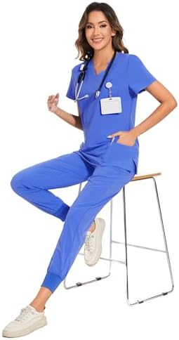 COZYFIT Scrubs for Women Set - Stretch V-Neck & Jogger Pant with 9 Pockets