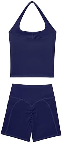 SUUKSESS Women 2 Piece Workout Sets Halter Neck Yoga Tops Gym Biker Shorts