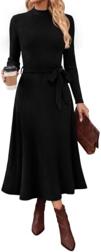 OFEEFAN Long Sleeve Dress Mock Neck Tie Waist Ribbed Knit Midi Dresses Fall Outfits