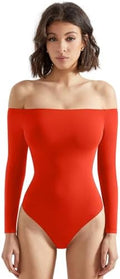 SUUKSESS Women Off Shoulder Long Sleeve Bodysuits Double Lined Basic Tops