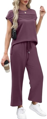 WIHOLL Two Piece Sets for Women Summer Spring Travel Vacation Outfits Cap Sleeve Lounge Matching Sets Wide Leg Pants S-3XL