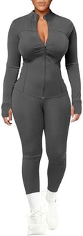 UOUA Womens Workout Set 2 Piece Outfit Bodycon Gym Tracksuit
