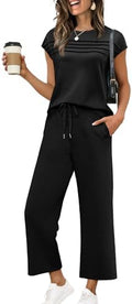 WIHOLL Two Piece Sets for Women Summer Spring Travel Vacation Outfits Cap Sleeve Lounge Matching Sets Wide Leg Pants S-3XL