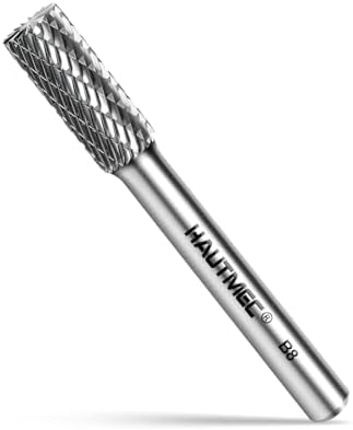 HAUTMEC Tungsten Carbide Rotary Burr Bit YG6, 1/4" Shank Double Cut Die Grinder Bit, Low Vibration Precision Rotary File for Metal Grinding, Engraving & Deburring (8MM Cylindrical), HT0197