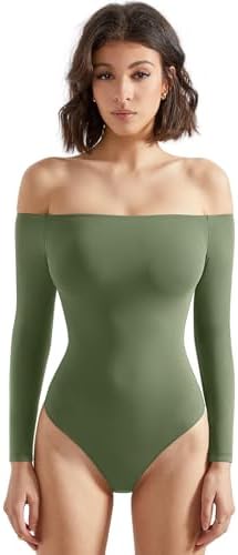 SUUKSESS Women Off Shoulder Long Sleeve Bodysuits Double Lined Basic Tops