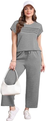WIHOLL Two Piece Sets for Women Summer Spring Travel Vacation Outfits Cap Sleeve Lounge Matching Sets Wide Leg Pants S-3XL