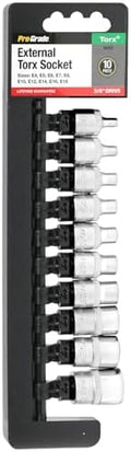 Pro-Grade 10-Piece 3/8"" Drive External Torx Socket Set with Rail, Heat-Treated Chrome Vanadium Steel, Nickel Chrome Plated, Professional Grade, 19023