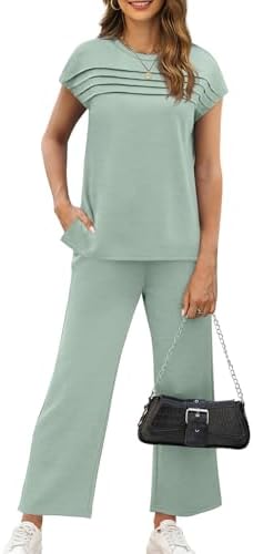WIHOLL Two Piece Sets for Women Summer Spring Travel Vacation Outfits Cap Sleeve Lounge Matching Sets Wide Leg Pants S-3XL