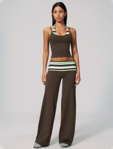 QBGJTD Womens Workout Sets Two Piece Striped Tank Top Wide Leg Yoga Pants Yoga Pilates Outfits