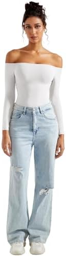 SUUKSESS Women Off Shoulder Long Sleeve Bodysuits Double Lined Basic Tops