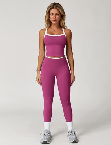 QBGJTD Womens Workout Sets Two Piece Cross Back Tank Top Matching High Waist Leggings Sets Gym Outfits Work Out Clothes