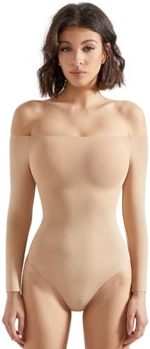SUUKSESS Women Off Shoulder Long Sleeve Bodysuits Double Lined Basic Tops