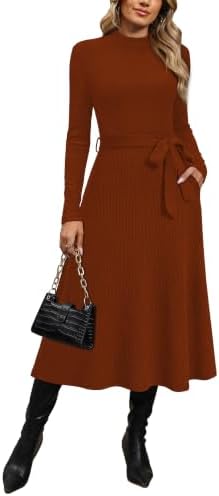 OFEEFAN Long Sleeve Dress Mock Neck Tie Waist Ribbed Knit Midi Dresses Fall Outfits