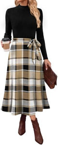 OFEEFAN Long Sleeve Dress Mock Neck Tie Waist Ribbed Knit Midi Dresses Fall Outfits
