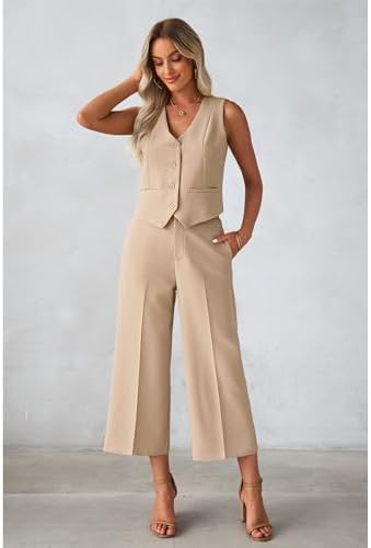 luvamia Vest Pant Suits for Women Dressy Wide Leg 2 Piece Sets Work Outfits