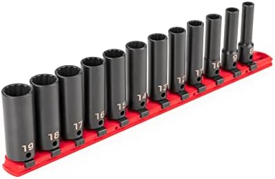 TEKTON 3/8 Inch Drive Impact Socket Set, 12-Piece | SID91111 | (8 - 19 mm), Deep, 12-Point, Socket Rail