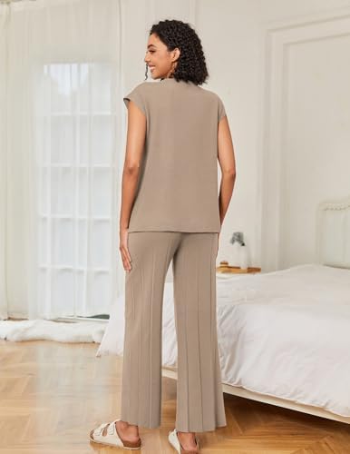 Ekouaer Lounge Sets for Women Two Piece Outfits Knit Cap Sleeve Tops Wide Leg Pleated Pants Casual Dressy Sweater Sets