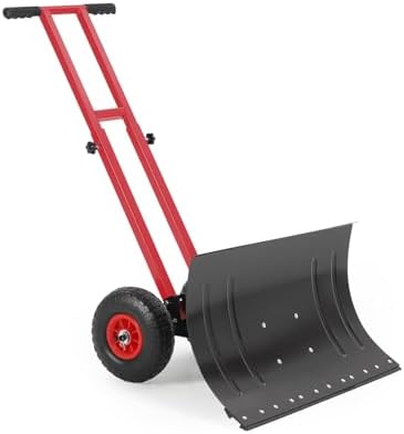 Wheeled Snow Shovel, 29"x16.5" Double-Rod Metal Snow Pusher Plow with 5-Angle Blade, Adjustable T-Handle and Rubber Wheels for Snow Removal from Driveways, Sidewalks & Doorways, Black & Red