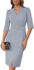 GRACE KARIN Women's Work Dress 3/4 Sleeve V Neck Bodycon Dress with Belt