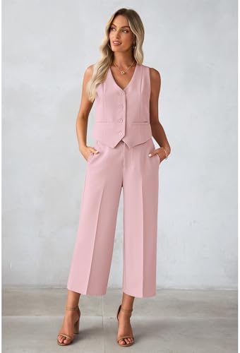 luvamia Vest Pant Suits for Women Dressy Wide Leg 2 Piece Sets Work Outfits