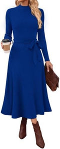 OFEEFAN Long Sleeve Dress Mock Neck Tie Waist Ribbed Knit Midi Dresses Fall Outfits