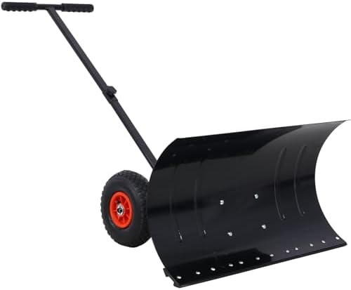 Campfun Snow Shovel with Wheels, 29" Heavy Duty Snow Pusher, Cushioned Adjustable Angle Handle Snow Removal Tool, Snow Plow with Anti-Skid Rubber Wheels for Driveway, Yard, Patio Snow Removal, Black
