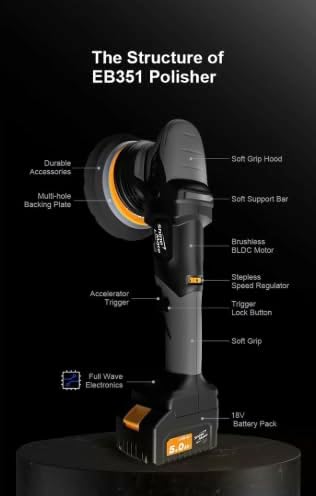 ShineMate EB351-6/21 Cordless DA Polisher Machine Only | 21 Millimeter Orbit for Fast Correction | 148 Millimeter Plate for 6 Inch Pads | 18 Volt Battery Platform for Mobility | 6 Inches