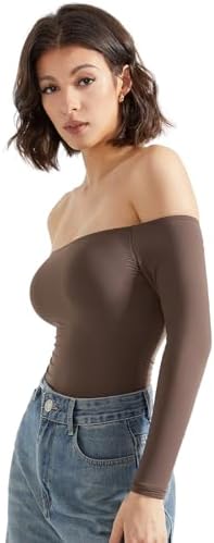 SUUKSESS Women Off Shoulder Long Sleeve Bodysuits Double Lined Basic Tops