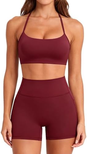 SUUKSESS Women 2 Piece Workout Sets Padded Halter Sports Bras High Waisted Biker Shorts with Pockets
