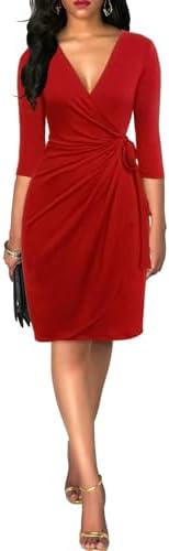 Berydress Women's 3/4 Sleeve V Neck Casual Party Work Faux Black Wrap Dress