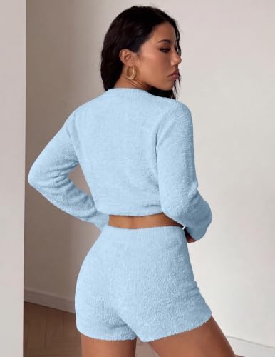 Ekouaer Fuzzy Fleece Pajamas 2 Piece Warm Soft Lounge Set Long Sleeve Sweater Top and Shorts Loungewear Outfits Sweatsuits