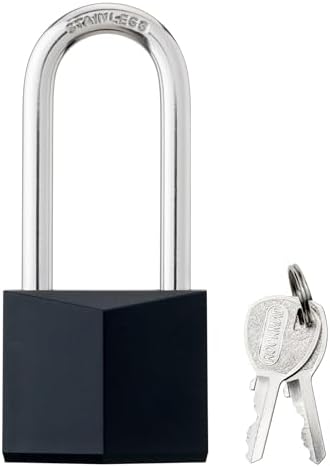 Black Covered Brass Keyed Padlock with Stainless Steel Long Shackle, 1-9/16 Inch Lock Body, Outdoor Rustproof Lock for Gate Fence Hasp Cabinet Toolbox Gym School Locker
