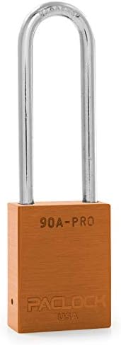 PACLOCK's 90A-PRO Padlock, 1/4" Diameter Hard. Steel Shackle, 3" Tall, High Performance 7-Pin Cylinder w/ 1 Key, Keyed Alike, Orange