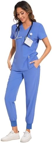 COZYFIT Scrubs for Women Set - Stretch V-Neck & Jogger Pant with 9 Pockets