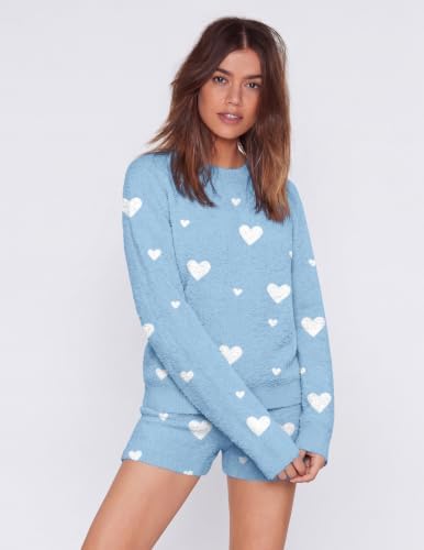 Ekouaer Fuzzy Fleece Pajamas 2 Piece Warm Soft Lounge Set Long Sleeve Sweater Top and Shorts Loungewear Outfits Sweatsuits