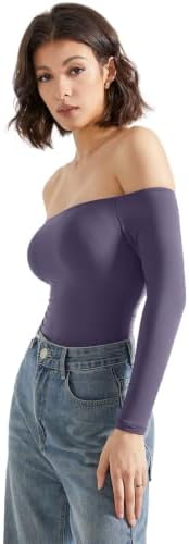 SUUKSESS Women Off Shoulder Long Sleeve Bodysuits Double Lined Basic Tops