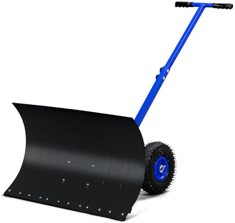 29" Push Snow Shovel with Wheels for Driveway, Heavy Duty Adjustable Angle Wheeled Snow Pusher Shovel, Metal Rolling Snow Pusher, Snow Plow Shovel on Wheels for Snow Removable, 29"x18" Blade